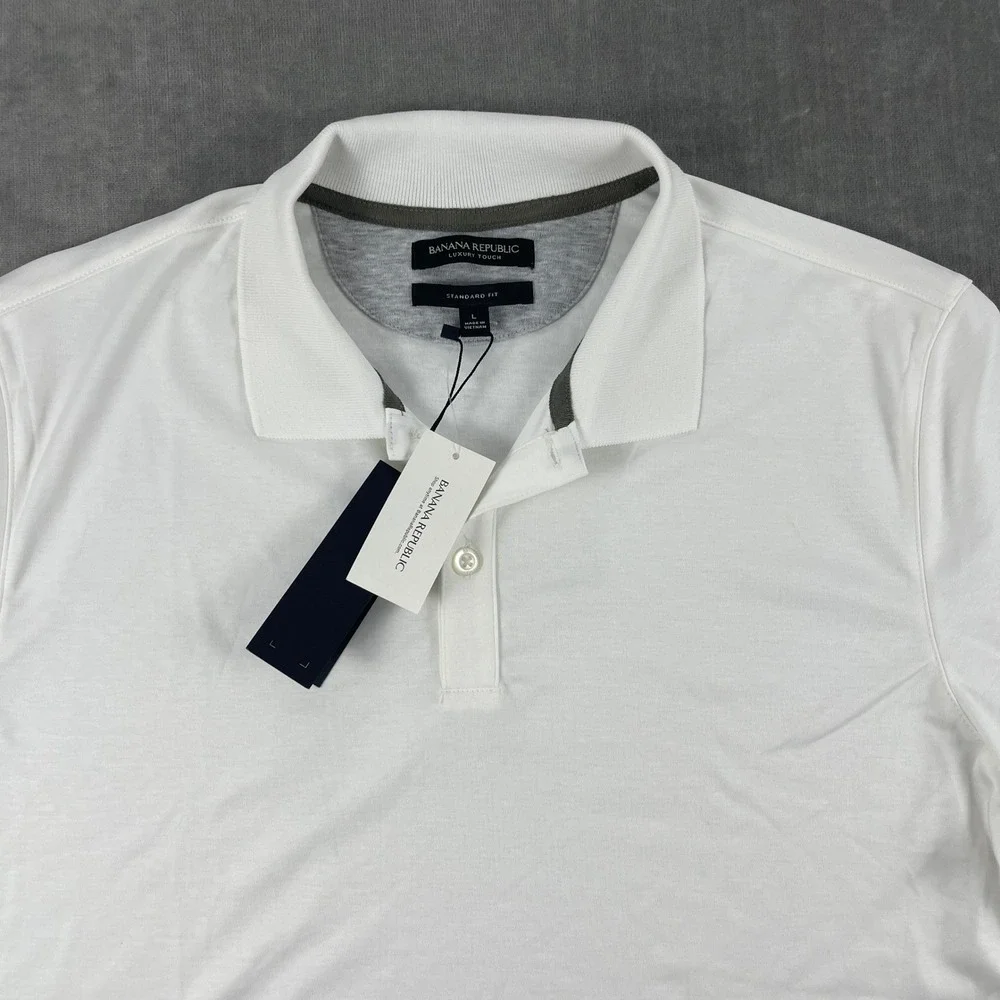 Banana Republic Mens L White Polo Shirt Luxury Touch Standard Fit Cotton NWT